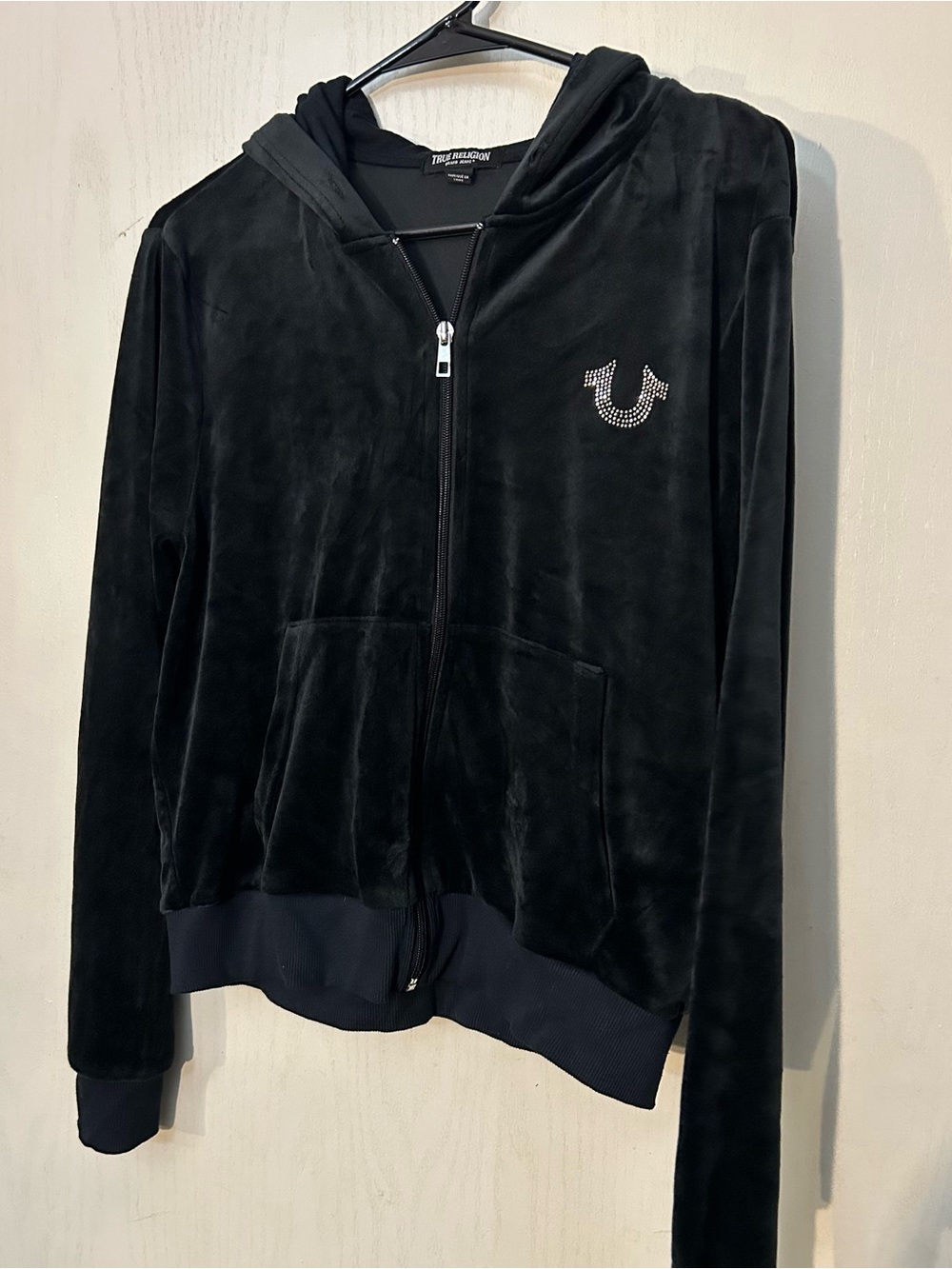 True Religion Black Velour Rhinestone Zip Up Hoodie Women’s Large Y2K - Picture 2 of 5
